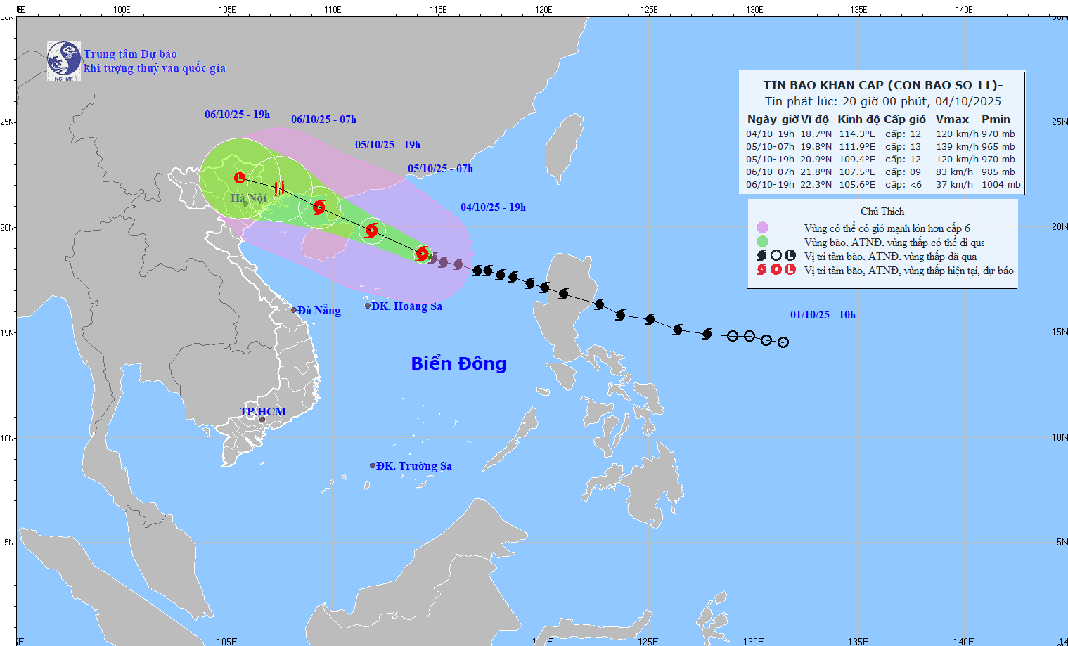 Updated location and path of storm No. 11 Matmo at 8:00 p.m. on October 4. Source: National Center for Hydro-Meteorological Forecasting