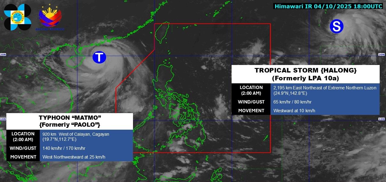 Vi tri tam bao so 11 Matmo va bao Ha Long vao hoi 2h ngay 5.10. Anh: PAGASA