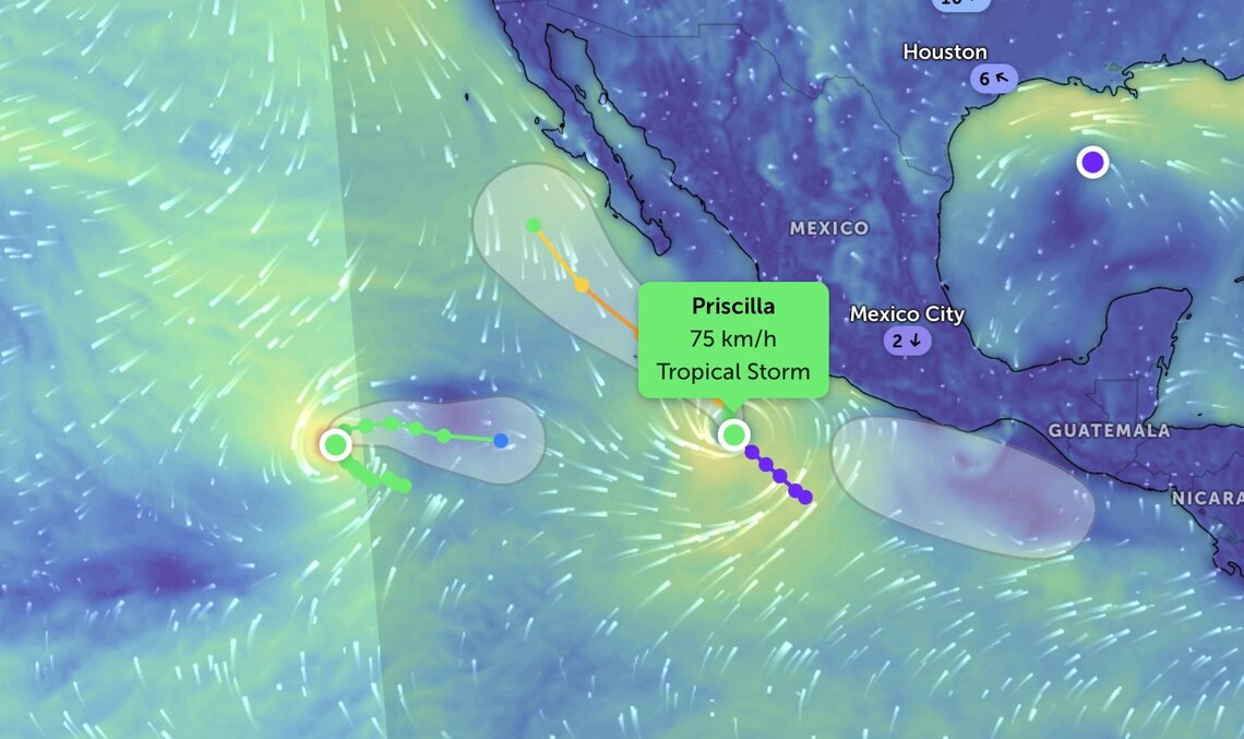 Bão Priscilla - cơn bão mới nhất hình thành ở đông Thái Bình Dương và bão Octave. Ảnh: Zoom Earth 