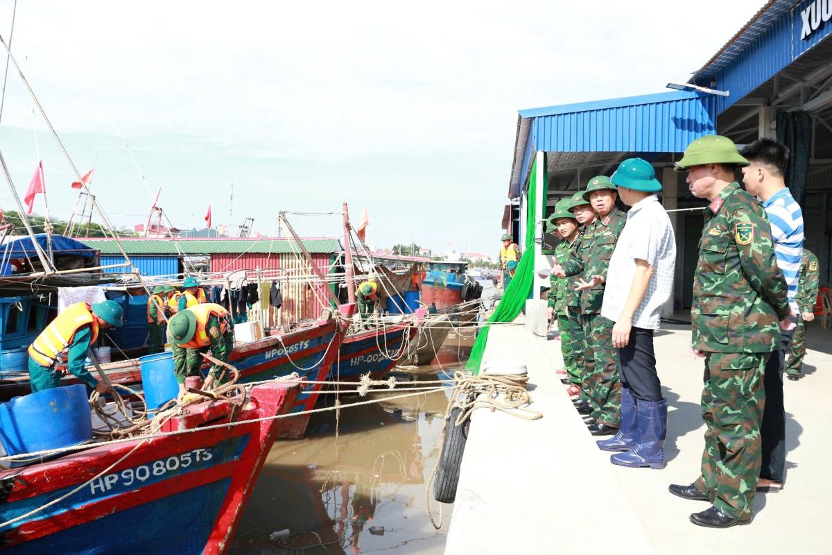 Doan cong tac Bo Tu lenh Quan khu do Thieu tuong Nguyen Duc Dung Pho Tu lenh - Tham muu truong Quan khu lam truong doan kiem tra cong tac phong chong bao. Anh: Cỏng TTDT Hai Phong