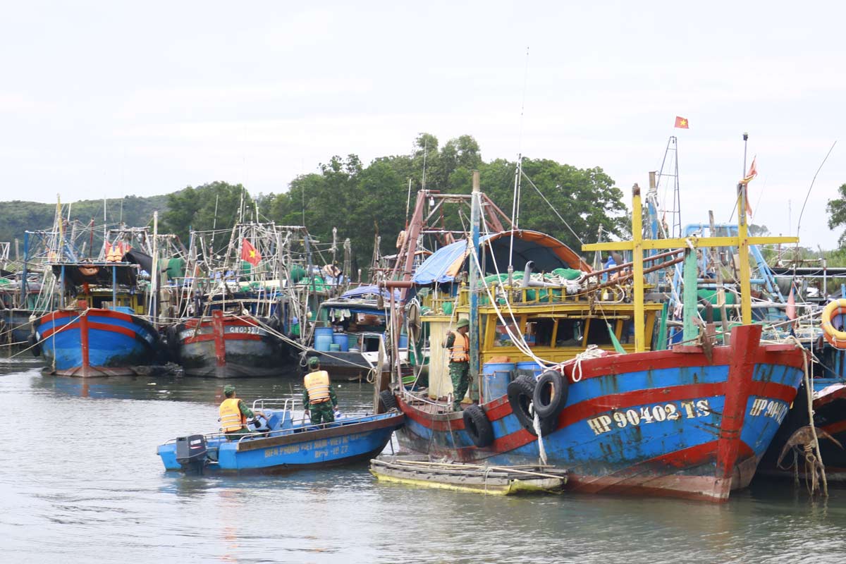Luc luong Bo doi Bien phong len tau ho tro ngu dan len bo. Anh: Cong TTDT phuong Mong Cai 1