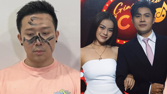 Tran Thanh (left) and Nguyen Van Chung, singer Hai Yen.