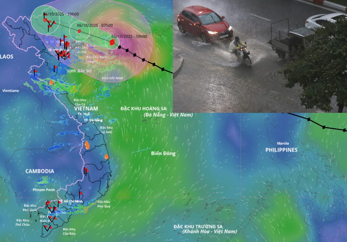 Pronostico de la tormenta numero 11 Matmo que causa lluvia en el norte a partir de la noche del 5 de octubre Fuente ubicacion de la tormenta a las 20:00 horas del 5 de octubre: Sistema de Monitoreo de Desastres Naturales de Vietnam