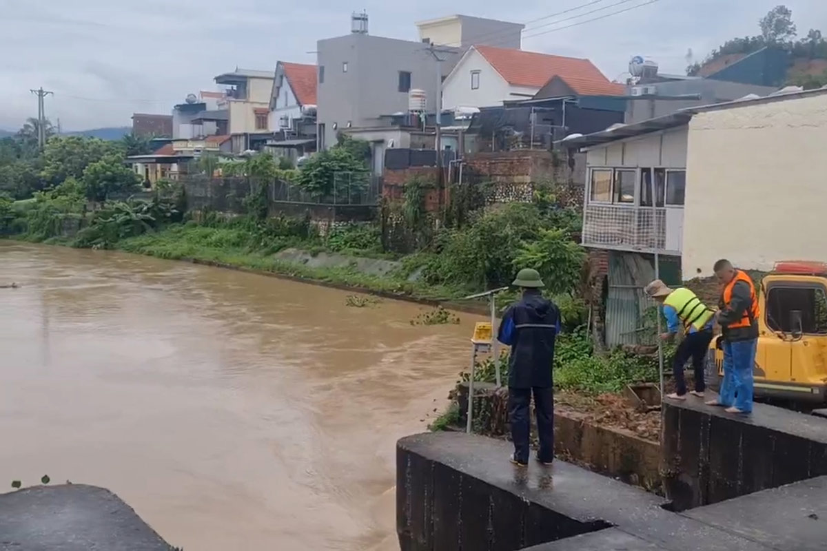 Can bo cong ty Thuy loi Yen Lap kiem tra vung ha du tai phuong Mong Duong. Anh: 