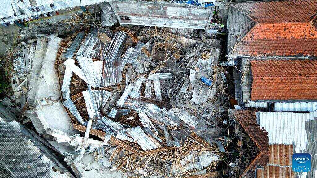 Photo from flycam shows the panorama of the collapsed Al Khoziny Islamic school in Sidoarjo district, East Java province, Indonesia. Photo: Xinhua