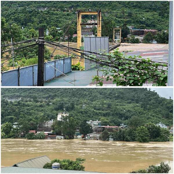 Cau treo tai phuong Ha Giang 2 truoc va sau khi bi lu cuon. Anh: Cuc Bac