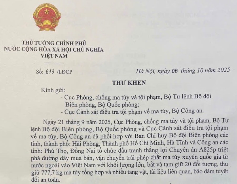 Prime Minister Pham Minh Chinh sent a letter of commendation to the Border Guard and Police for destroying a large drug ring. Photo: VNA