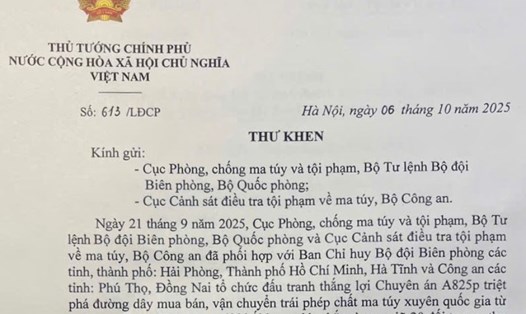 Thủ tướng Chính phủ Phạm Minh Chính gửi thư khen Bộ đội Biên phòng và Công an triệt phá đường dây ma túy lớn. Ảnh:  TTXVN