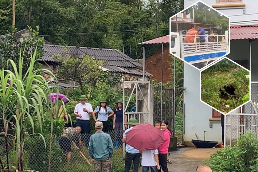 Urgently evacuate people from the area near the subsidence point. Photo: Quang Huy.