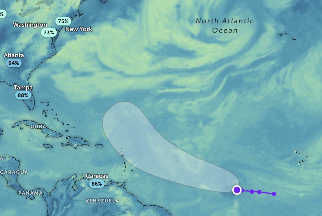 Forecast area for storm Jerry formation. Photo: Zoom Earth