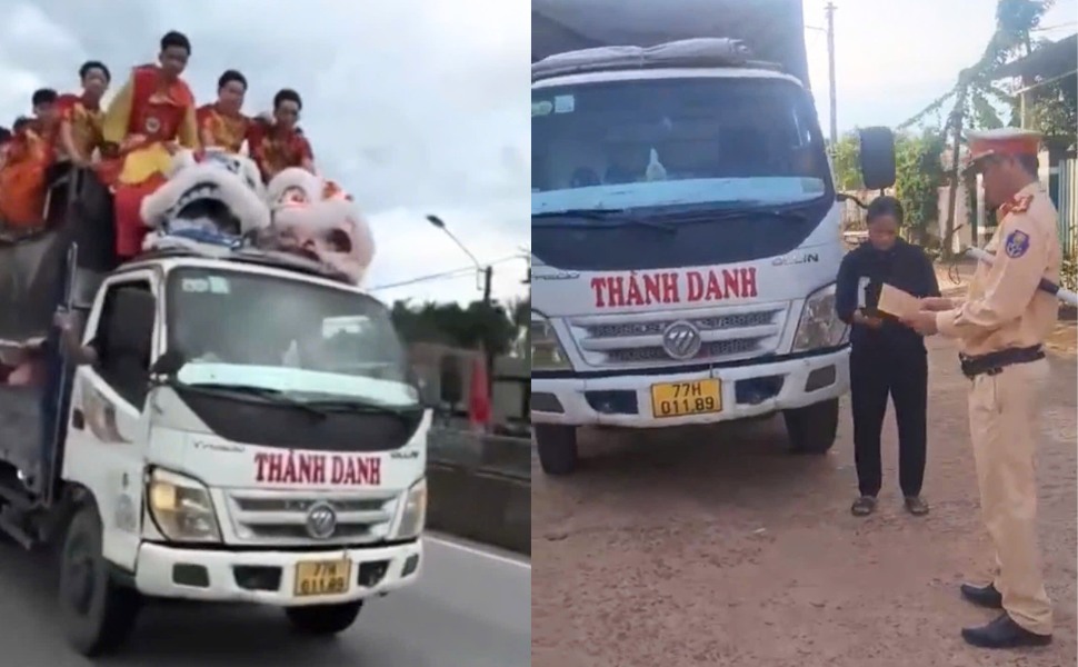 Gia Lai 교통 경찰이 국도 1호선을 누비며 질주하는 차량 지붕 위에서 사자 무리를 태운 트럭을 운전한 여성 운전자를 처벌하고 있습니다. 사진: 공안