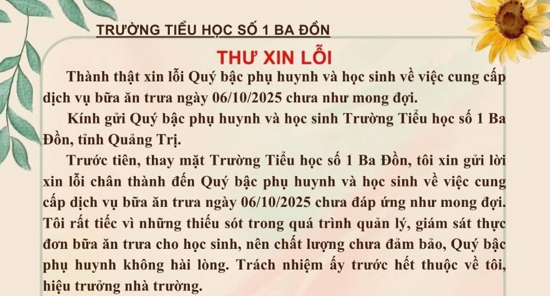 Carta de disculpa del rector enviada a padres y estudiantes despues de una comida de 25.000 VND causando revuelo en la opinion publica. Foto: Hai Huyen