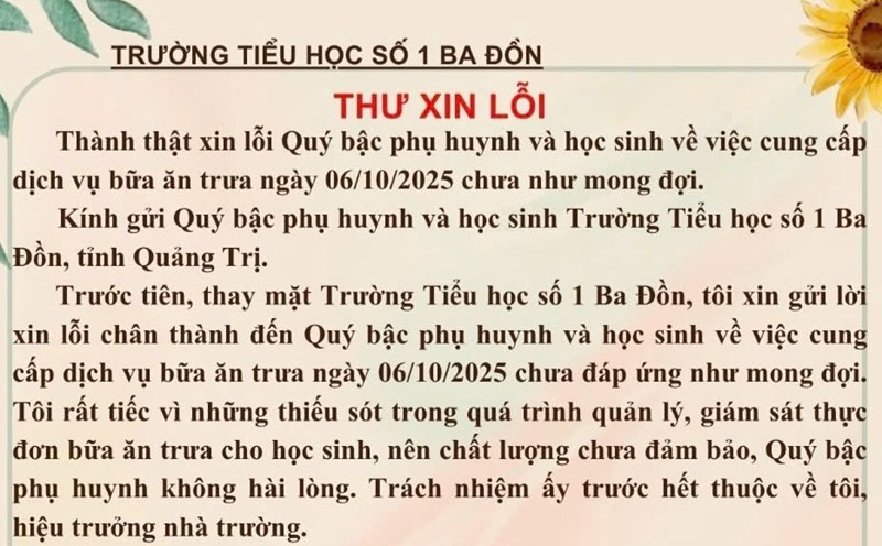 The Principal's apology letter to parents and students after the 25,000 VND meal caused a stir in public opinion. Photo: Hai Huyen