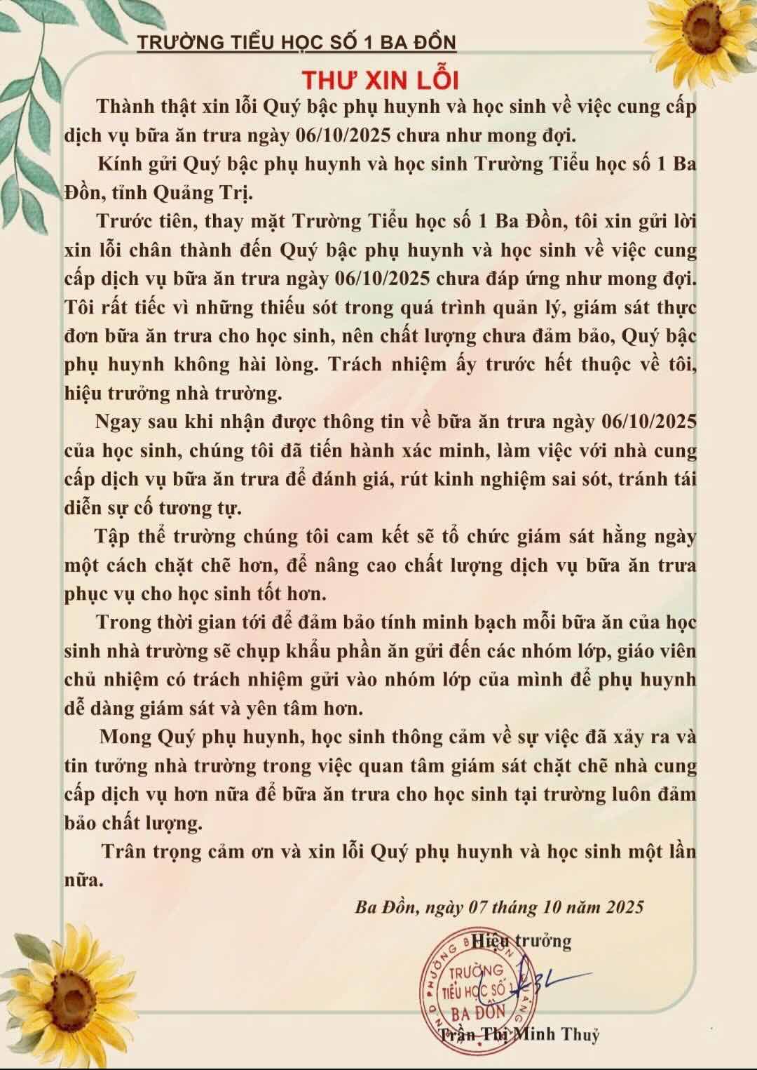 Nguyen van buc thu xin loi cua Hieu truong. Anh: Minh Thuy