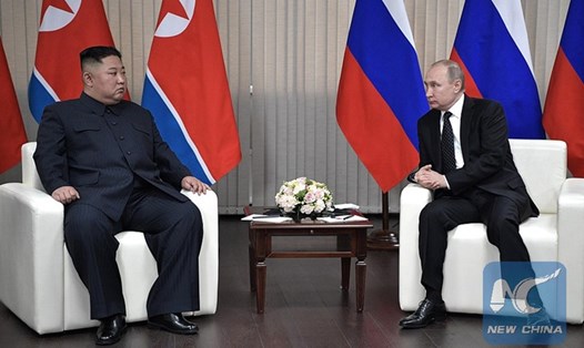 Nhà lãnh đạo Triều Tiên Kim Jong Un và Tổng thống Nga Vladimir Putin. Ảnh: Xinhua