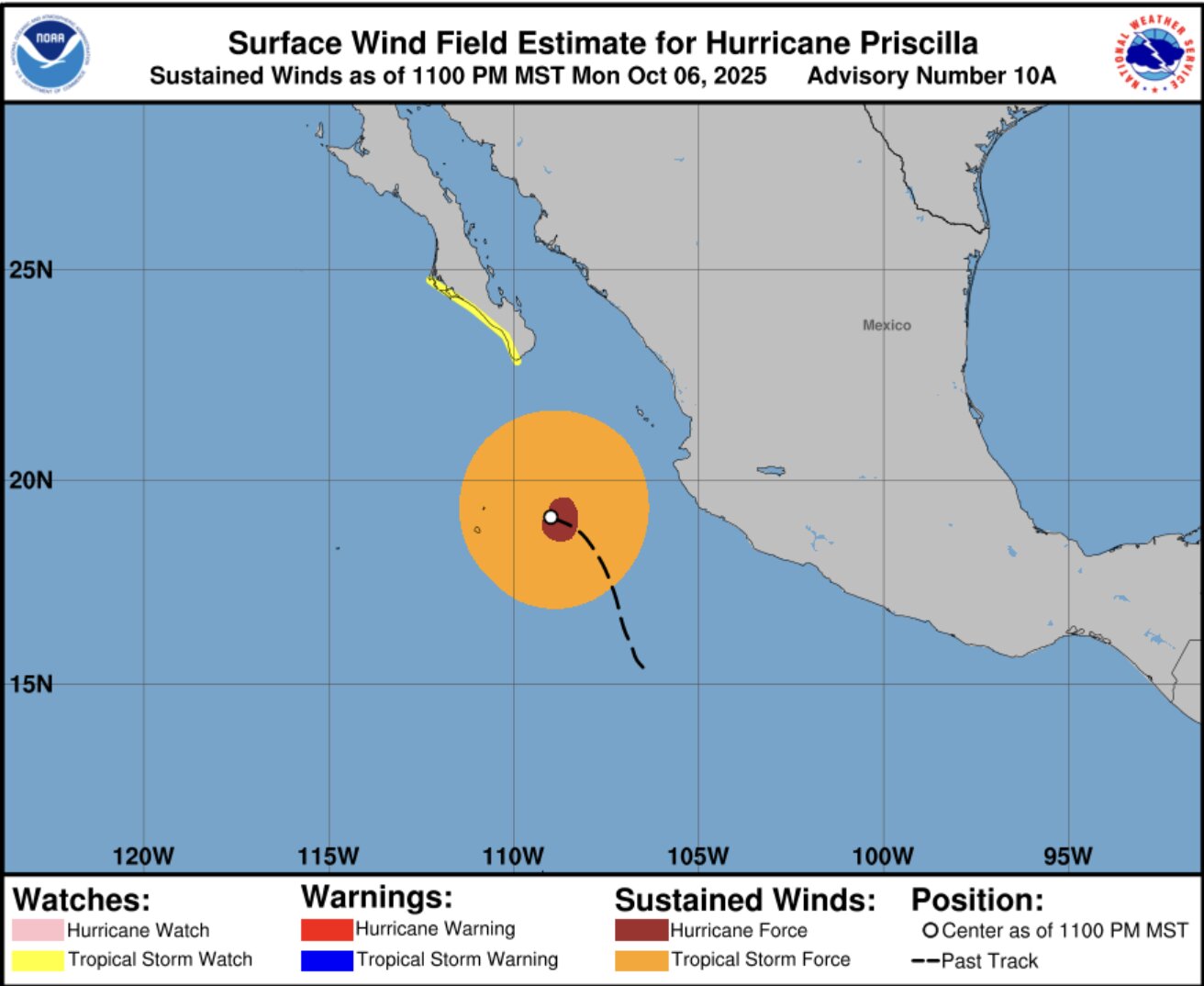 미국 국립 허리케인 센터(NOAA)가 발표한 지도는 2025년 10월 6일 23시 현재 멕시코 서해안에서 프리실라 태풍의 강풍 범위를 보여줍니다. 사진: NOAA