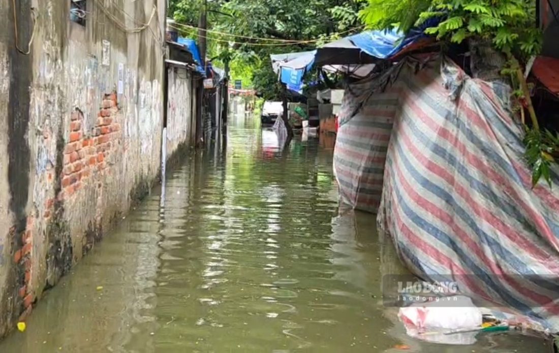 Ghi nhan tai pho Dich Vong (phuong Cau Giay, Ha Noi), tinh trang nuoc ngap sau anh huong nghiem trong toi tai san cua nguoi dan.