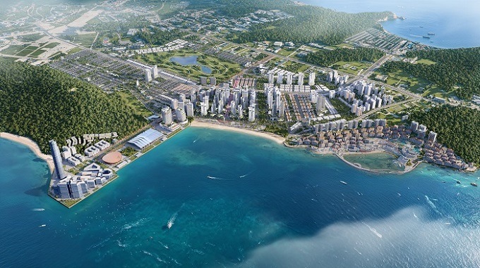Anh phoi canh quan the phuc vu APEC 2027 tai Phu Quoc, bao gom cac khach san thuong hieu Conrad, Hilton va DoubleTree by Hilton