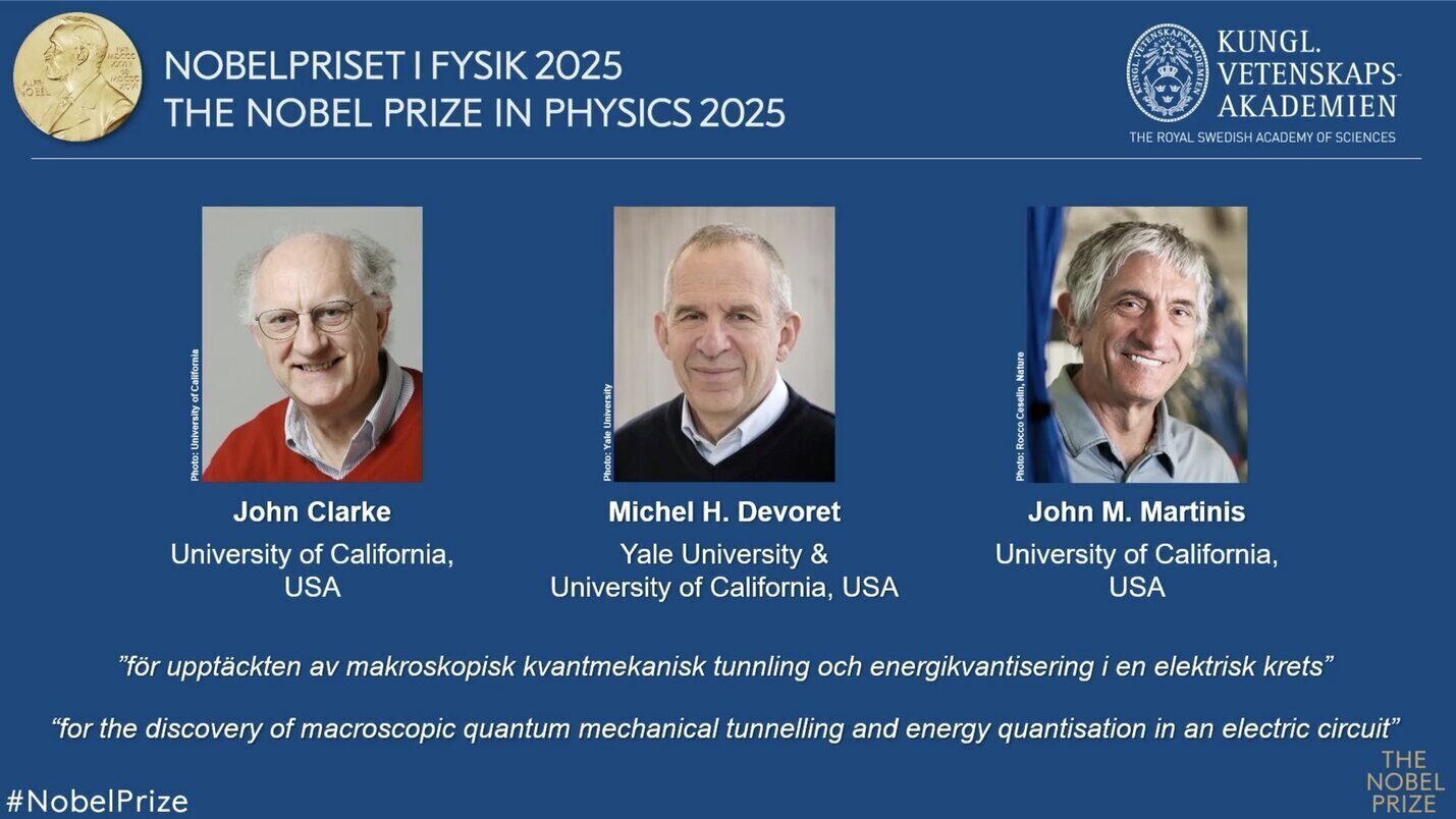 2025년 캘리포니아 대학교 과학자 노벨 물리학상 수상자: John Clarke, Michel H.Devoret John M.Martinis. 노벨 위원회 비디오에서 캡처한 사진