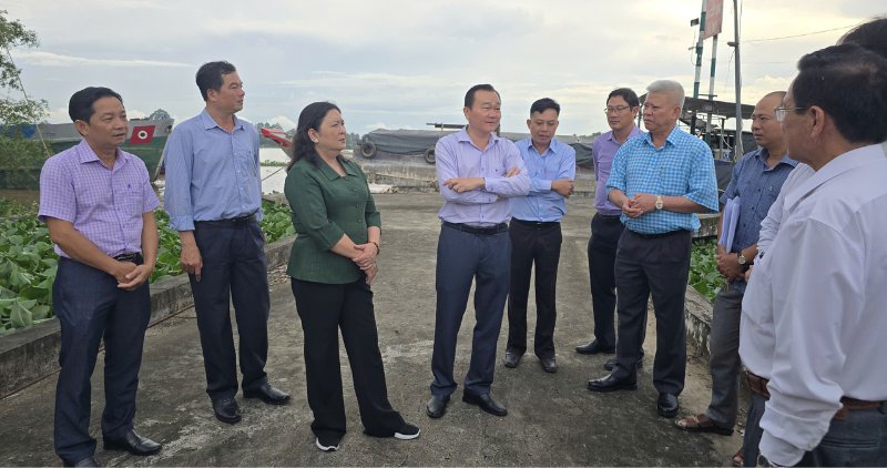 La Vicesecretaria Permanente del Comite Provincial del Partido Ho Thi Hoang Yen inspecciona el progreso de la implementacion del proyecto de vivienda social y las instituciones sindicales en la zona. Foto: Hoang Loc