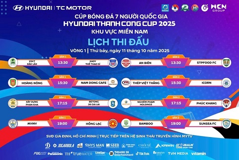 Lich thi dau luot tran khai mac Cup bong da 7 nguoi quoc gia Hyundai Thanh Cong Cup 2025 (VSC-S5) khu vuc mien Nam. Anh: BTC