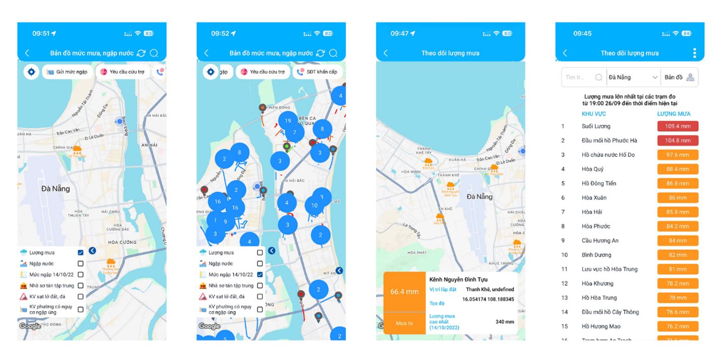Tinh nang canh bao mua ngap thoi gian thuc tren ung dung Danang Smart City. Anh: IOC DaNang
