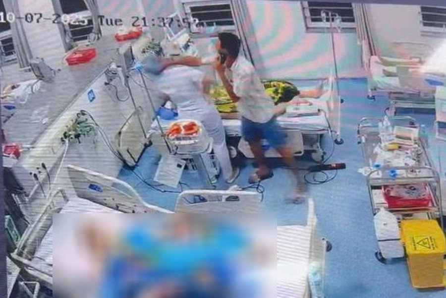 Image of a man beating a female nurse at Vung Tau General Hospital right in the Intensive Care and Anti-Poison Department. Photo cut from clip