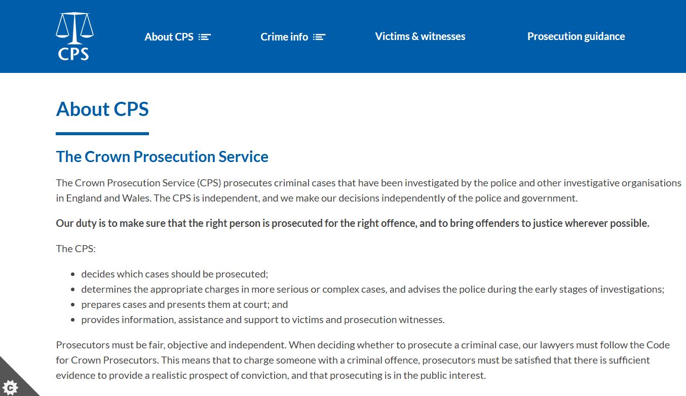 website of the Royal Prosecutor's Office (CPS). Photo: cps.gov.uk