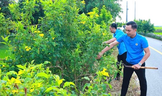 Cán bộ Công đoàn xã tham gia công trình "Long Điền muôn sắc hoa". Ảnh: CĐLĐ