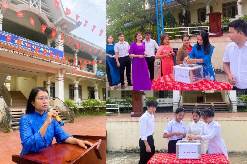 Sau loi keu goi cua co hieu truong, thay tro Truong THPT mien nui Tay Giang, Da Nang dong long quyen gop, huong ve mien lu. Anh: Truong An