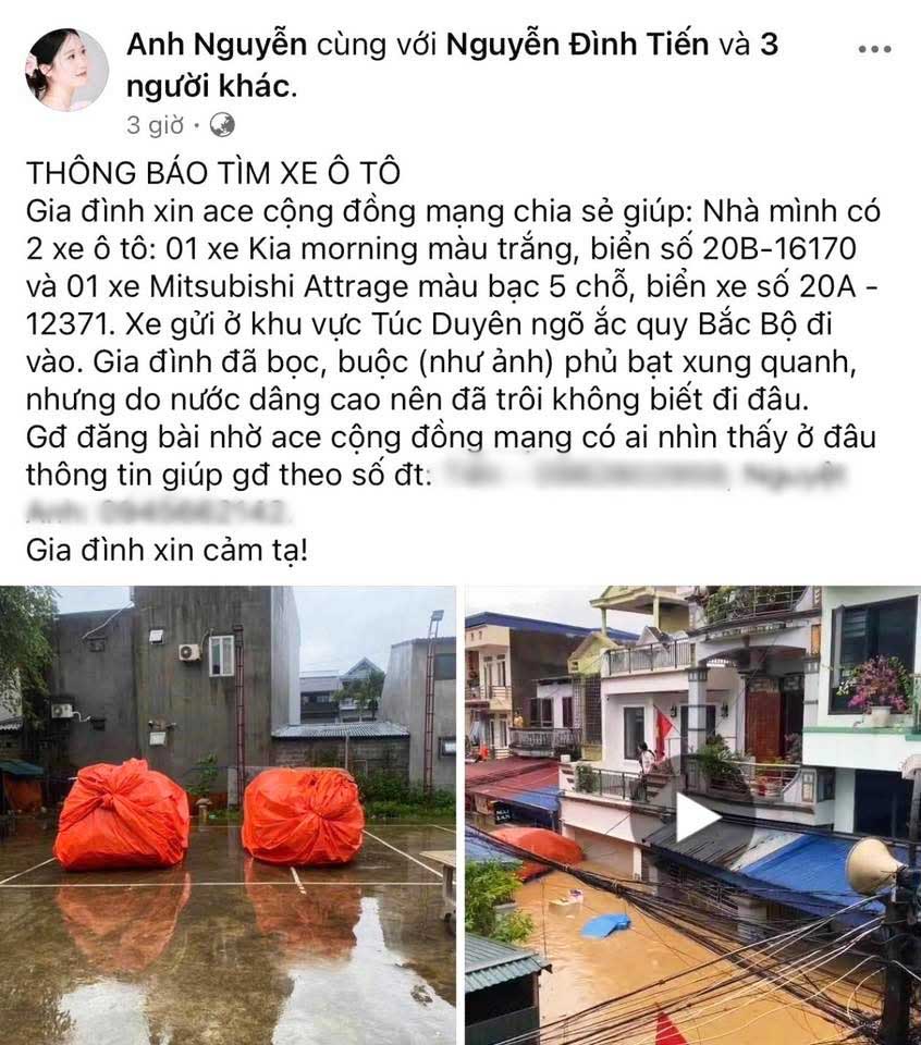 Bai dang tim xe oto bi troi theo nuoc lu cua chu xe o Thai Nguyen. Anh: NVCC.