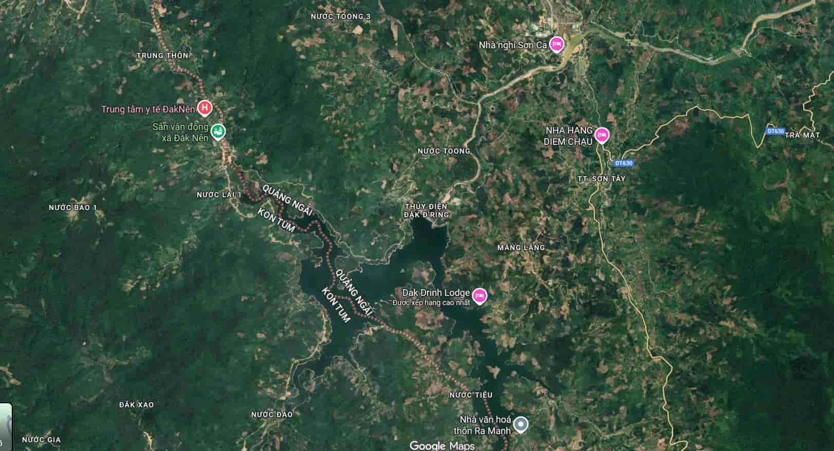 Khu vuc thuong Kon Tum, noi bat nguon cac dong song lon trong he thong song mien Trung - Tay Nguyen. Anh: Google Maps