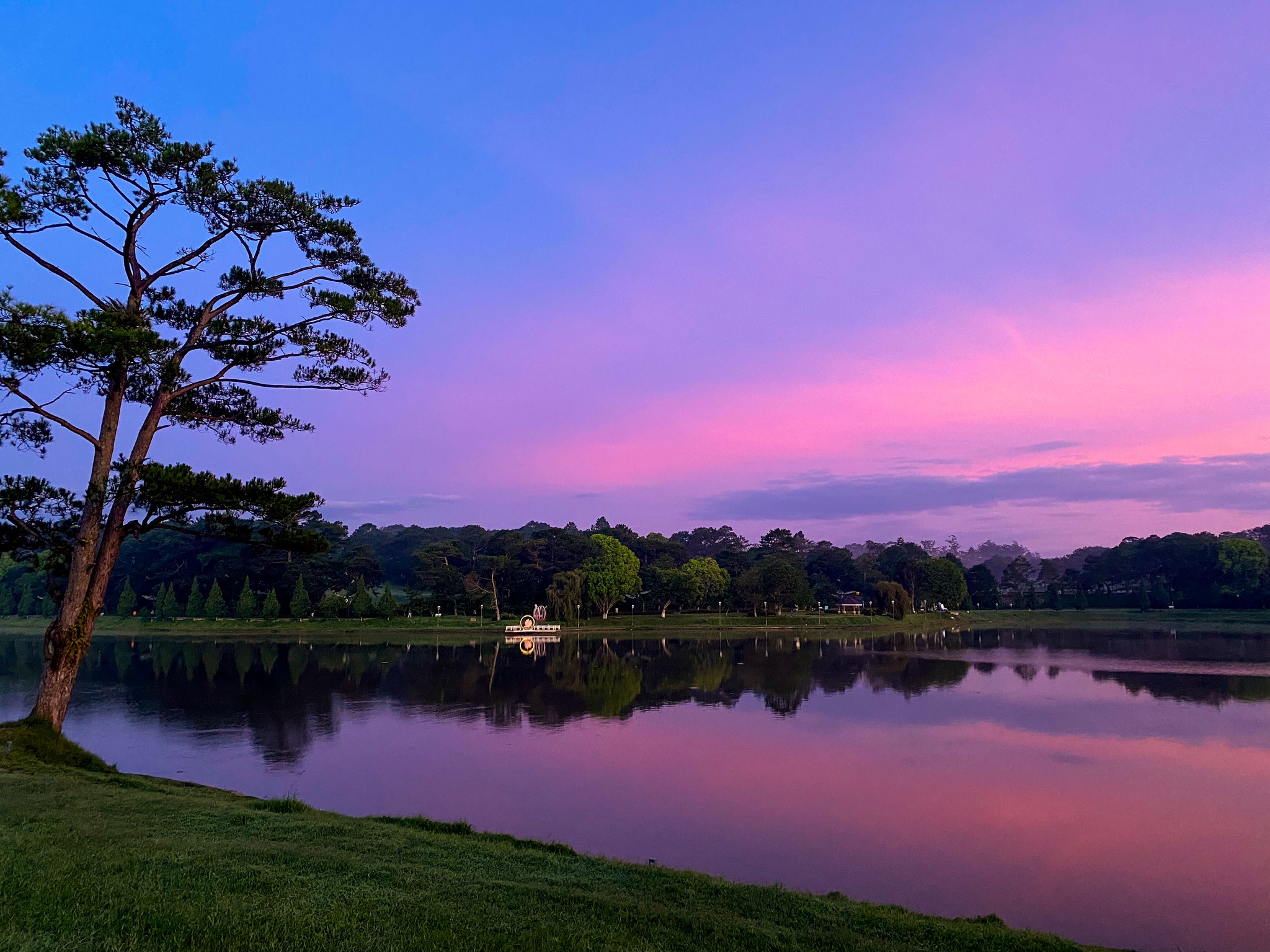Einzigartiger violett-rosa Sonnenaufgang am poetischen Xuan-Huong-See.