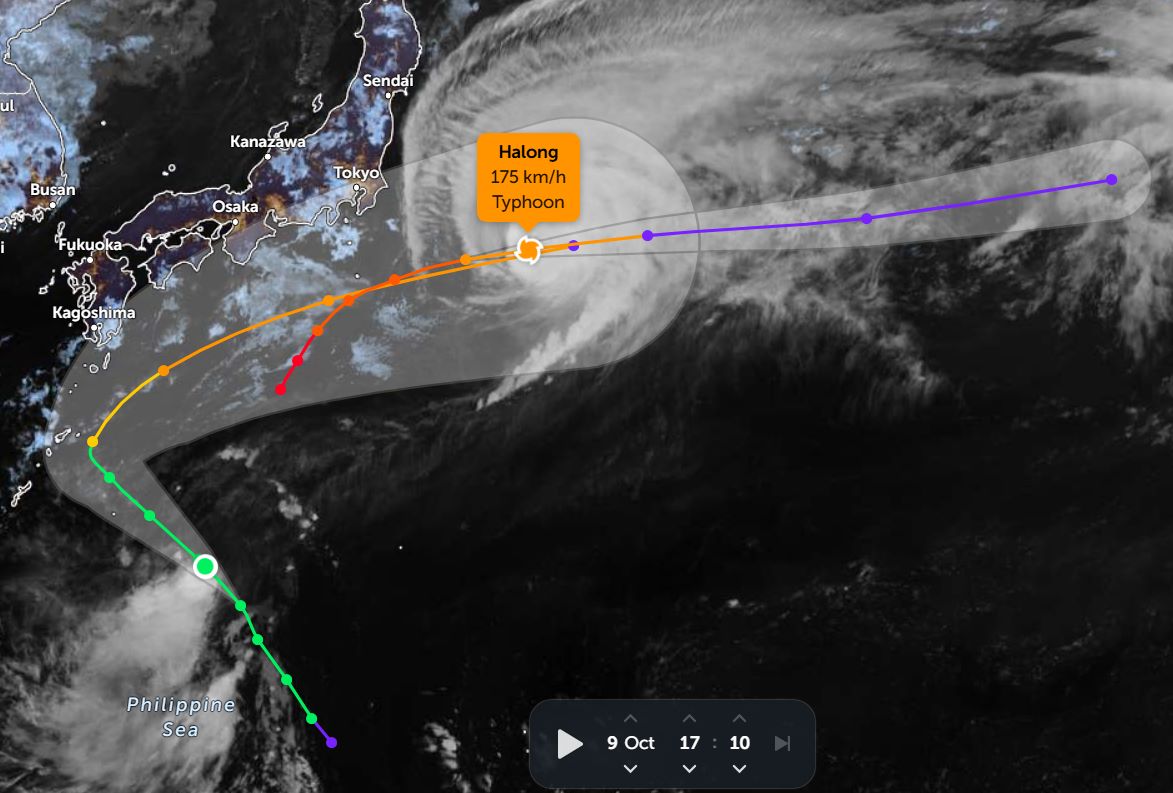 The strongest wind near the center of storm Ha Long at 5:10 p.m. on October 9 was at 175 km/h. Photo: Zoom Earth