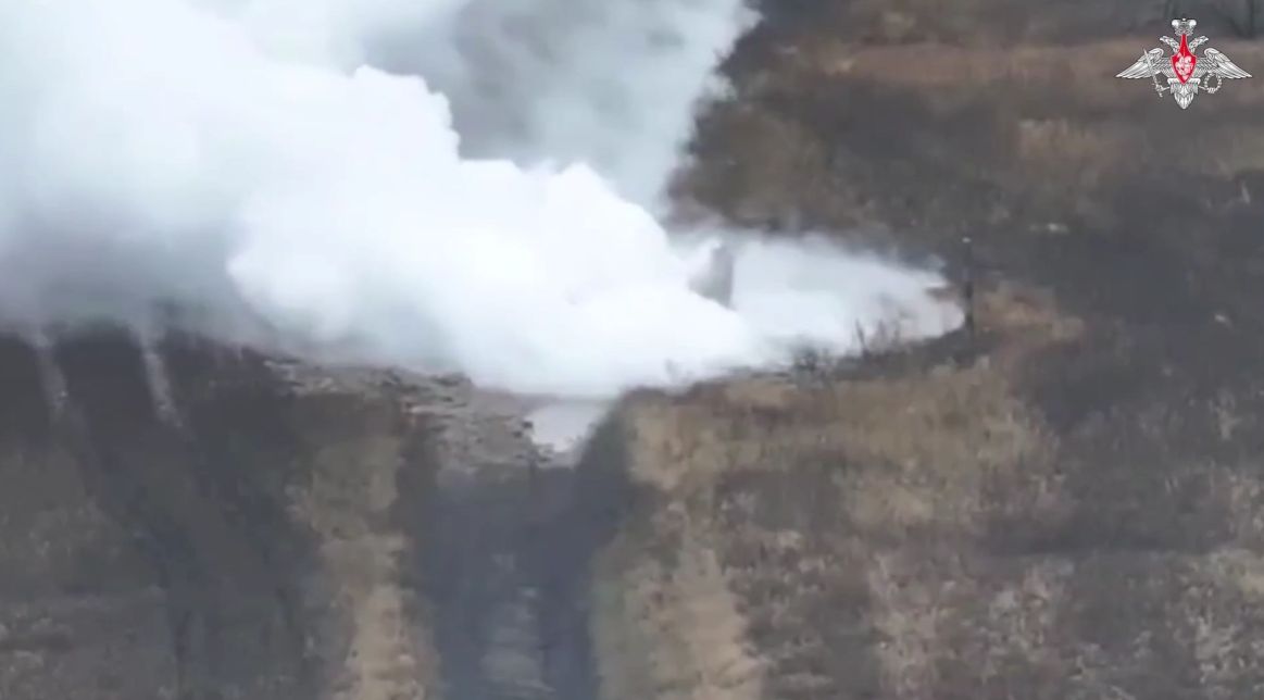 Ukraine detonated an am ammunition pipeline, releasing toxic smoke into the environment. Photo cut from video of the Russian Ministry of Defense