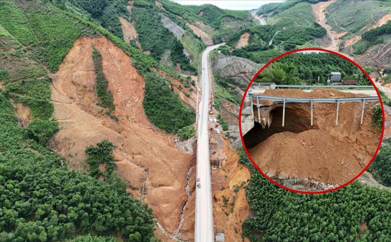 The slopes on the La Son - Tuy Loan Expressway are threatened by landslides. Photo: Nguyen Luan