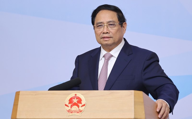 Politburo member and Prime Minister Pham Minh Chinh delivered a concluding speech at the conference on the establishment of an international financial center in Vietnam. Photo: VGP/Nhat Bac