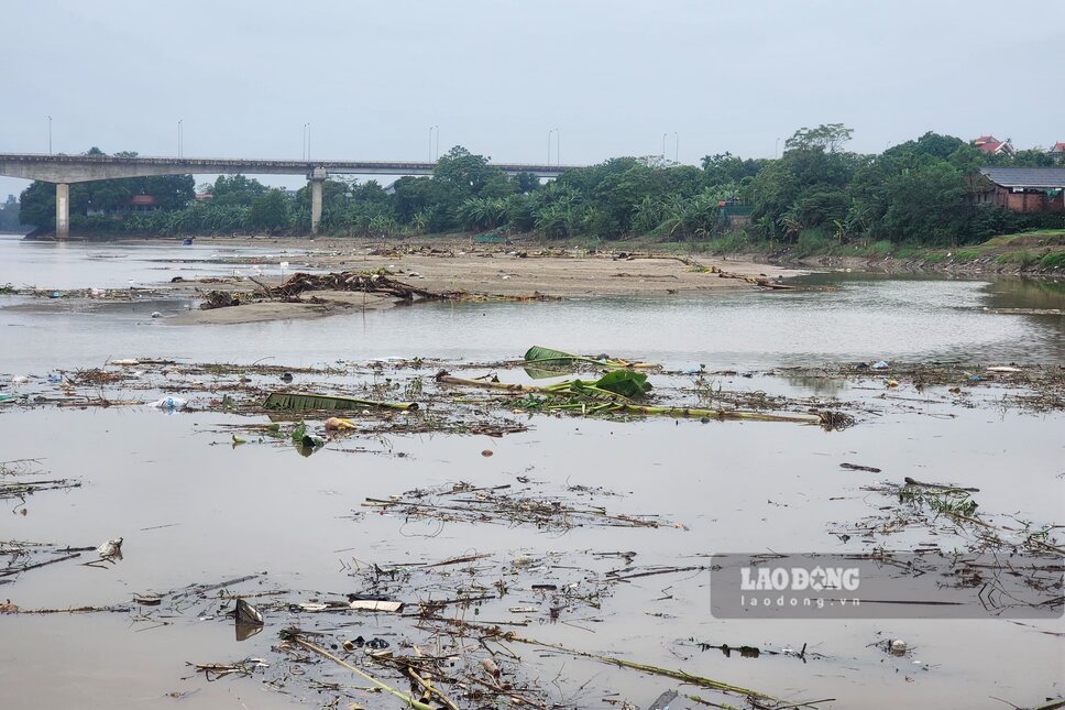 Sau khi nuoc song da rut, con cat bat dau xuat hien, cay coi va rac thai ngon ngang tu tren bo xuong duoi long song. Anh: To Cong.