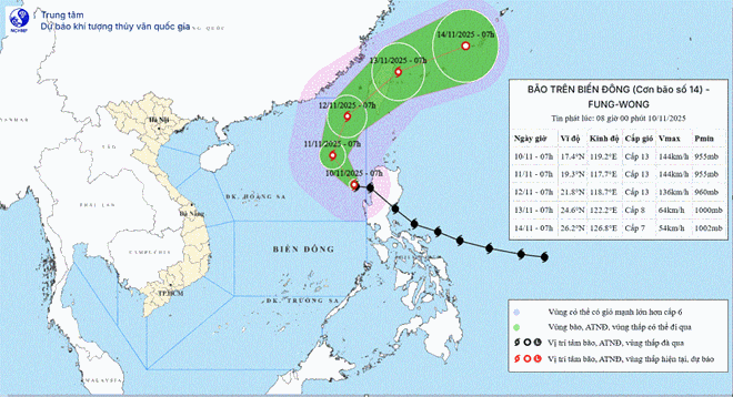 Updated location and path of storm Fung-wong at 8:00 a.m. on November 9, likely to enter the East Sea on November 10 to become storm No. 14. Photo: National Center for Hydro-Meteorological Forecasting