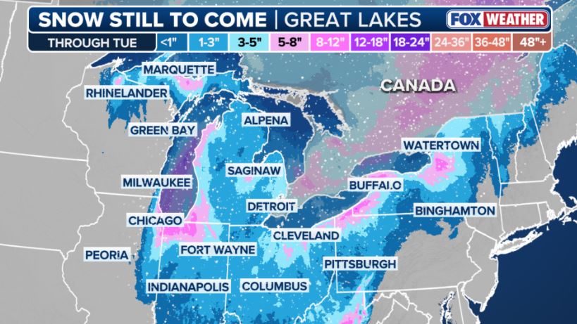 Forecast of snowfall in US regions from November 9-11, 2025. Photo: Fox Weather