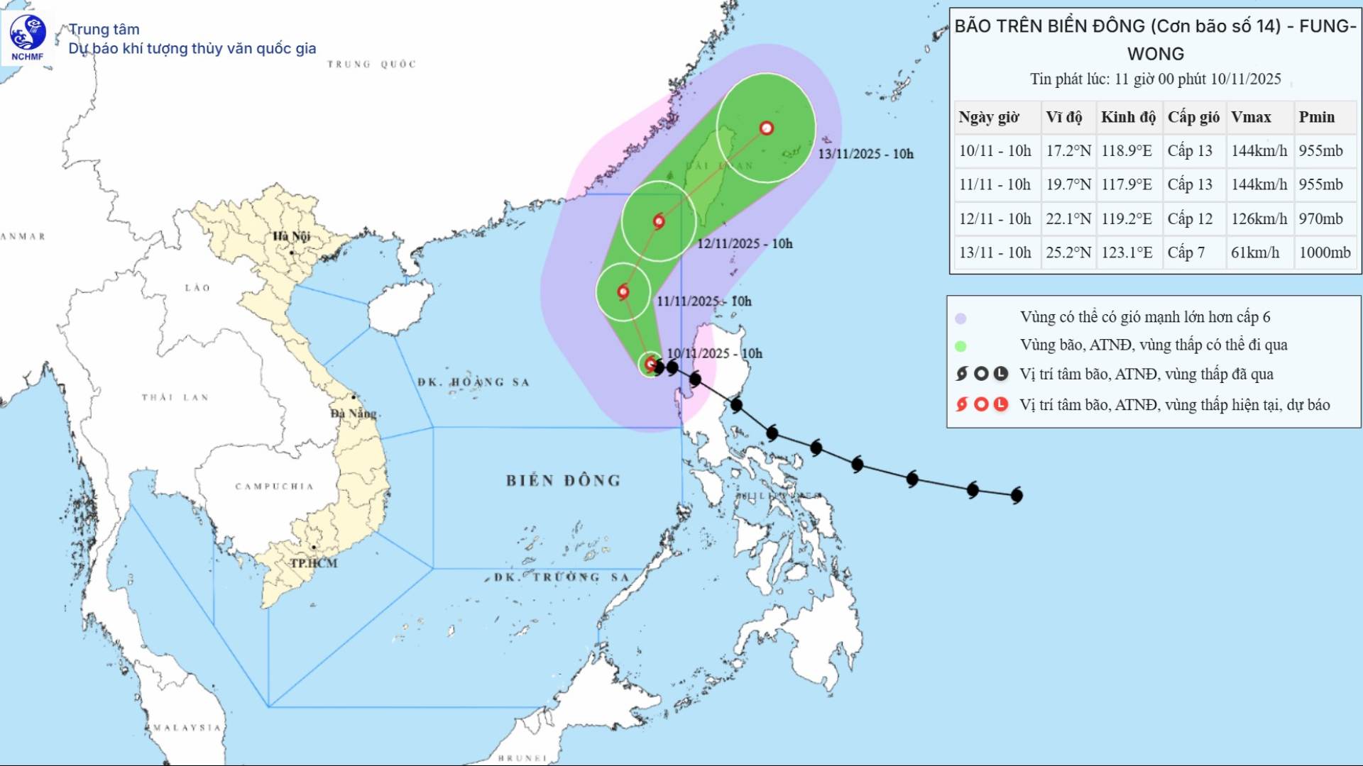 Updated location and path of storm No. 14 Fung-wong at 11:00 on November 9. Photo: National Center for Hydro-Meteorological Forecasting