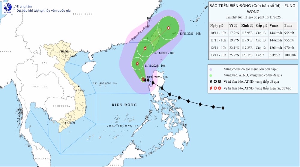 Latest forecast on the path of storm No. 14 Fung-wong in the East Sea. Photo: NCHMF