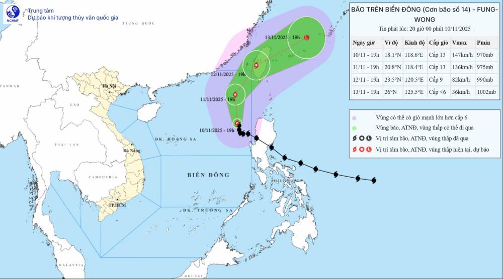 Du bao thoi tiet hom nay 11.11, bao so 14 van hoat dong manh tren Bien Dong. Anh: Trung tam Du bao Khi tuong Thuy van quoc gia