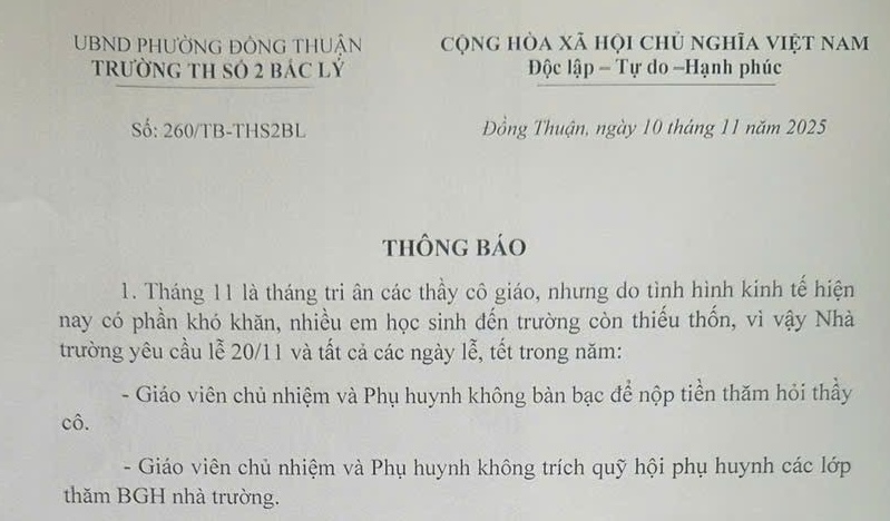 Bac Ly Primary School No. 2 in Quang Tri requested not to pay money to visit teachers on the occasion of November 20. Photo: Thanh Phuong