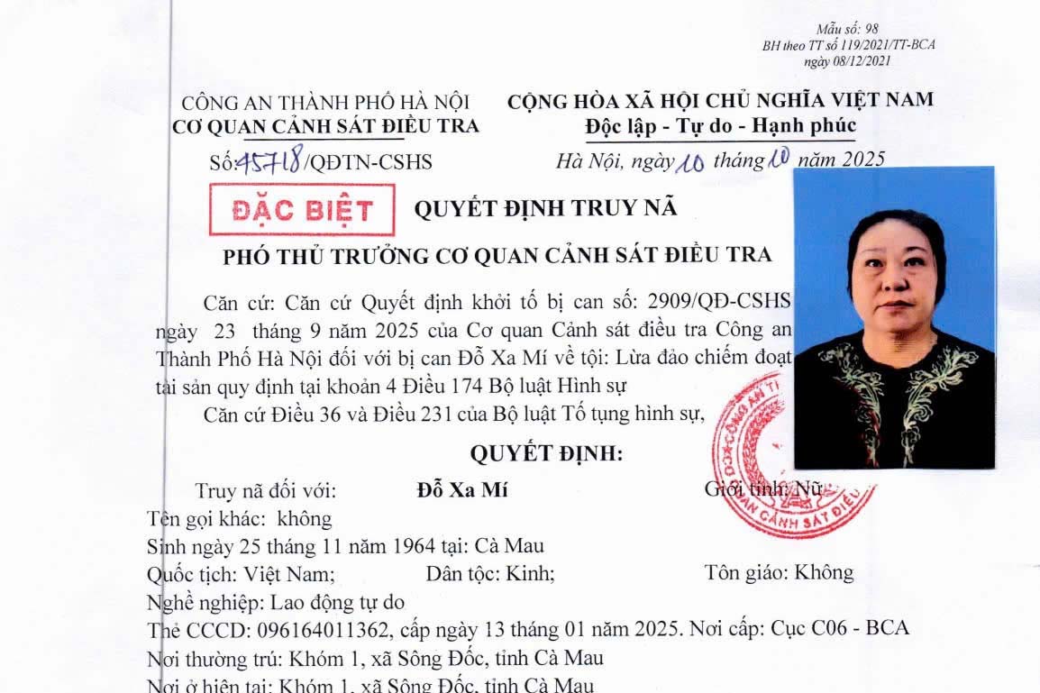 Cơ quan CSĐT Công an TP Hà Nội đã ra quyết định truy nã Đỗ Xa Mí. Ảnh: Công an Hà Nội 