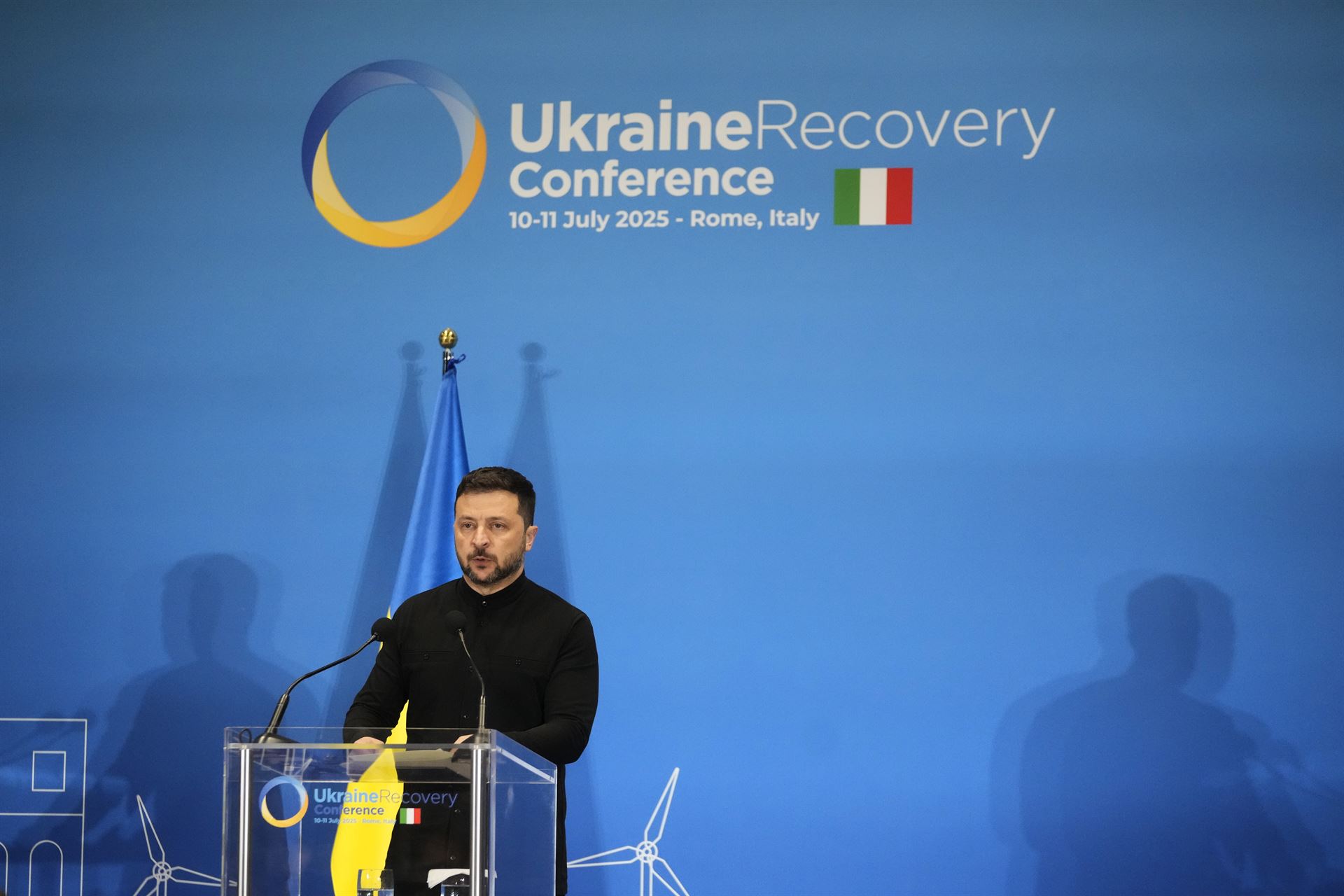 Ukrainian President Volodymyr Zelensky speaks at the Ukrainian reconstruction conference in Rome, Italy, on July 10, 2025. Photo: Xinhua