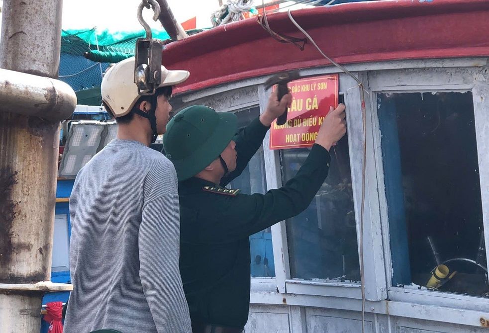 Ly Son 특별 구역 인민위원회는 수산물 채취 활동에 적합하지 않은 어선 7척을 봉쇄했습니다. 사진: Dinh Nhut