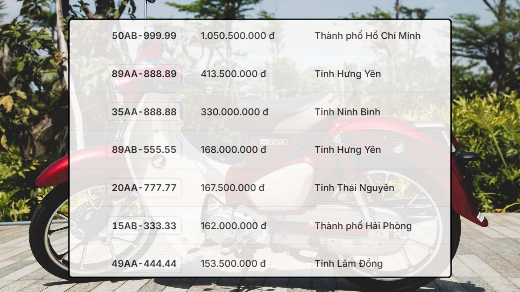 Danh sach ket qua trung dau gia bien so xe may trong ngay 11.11 duoc cap nhat tren trang dau gia truc tuyen. Do hoa: Hao Thien