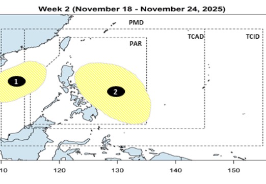 Two consecutive low pressure areas are forecast to form around the East Sea after Typhoon No. 14 Fung-wong. Photo: PAGASA