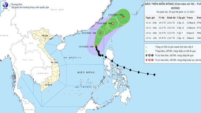 Cap nhat vi tri va duong di cua bao so 14 Fung-wong vao 14 gio ngay 11.11. Anh: Trung tam Du bao Khi tuong Thuy van Quoc gia 